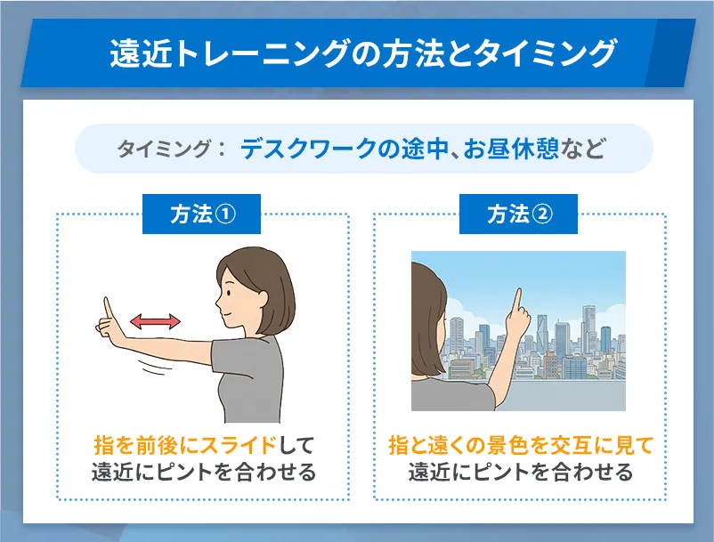 遠近トレーニングは近くと遠くを交互に見ることでピント調整を毛様体筋を動かして筋肉の緊張をゆるめる方法